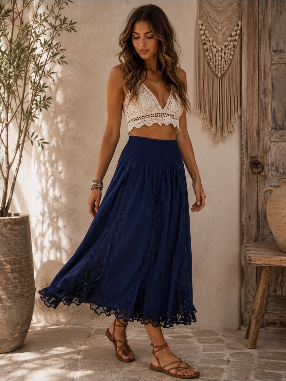 Cute Options Vintage 90’s Whimsy Blue Embroidered Lace Smocked Boho Midi Skirt
